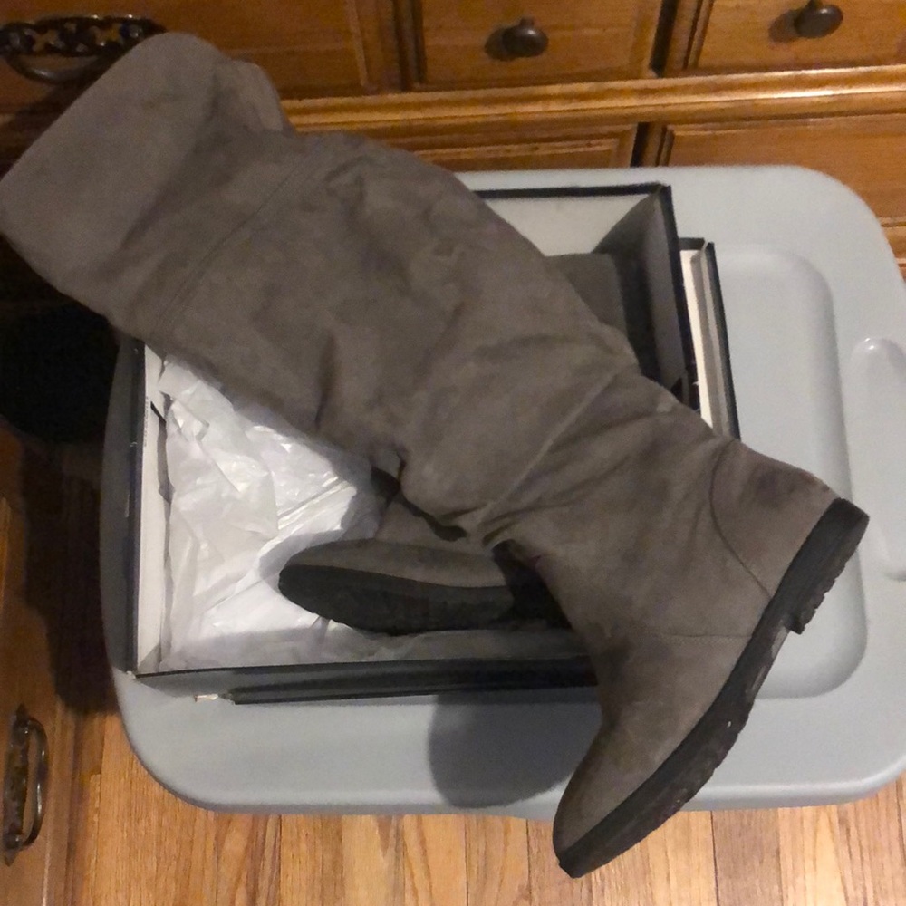 Gray above the knee flat boots